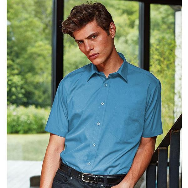 Premier Mens Short Sleeve Formal Poplin Plain Work Shirt - Turquoise