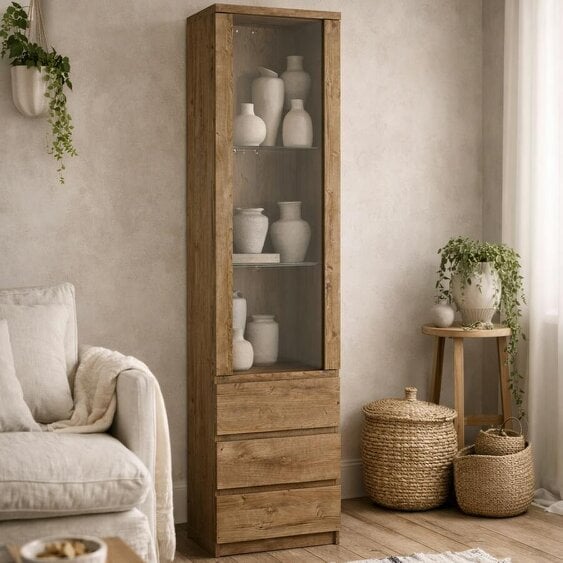 Wyld Haus Hemingway Natural Oak Wood Tall Narrow Display Cabinet 1 Door 3 Drawer