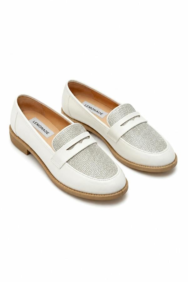 Love Lemonade Crystal Shimmer Dream Panel Loafers White