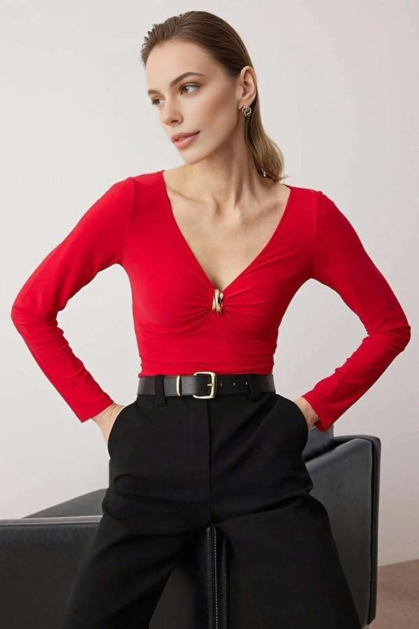 WOVCOR V-Neck Knit Bodysuit with Accessory Detail