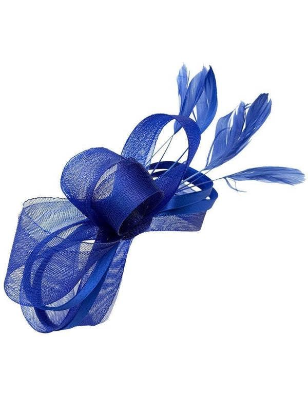 Bow Shaped Fascinator with Satin Loops & Feathers in Royal Blue - svnx