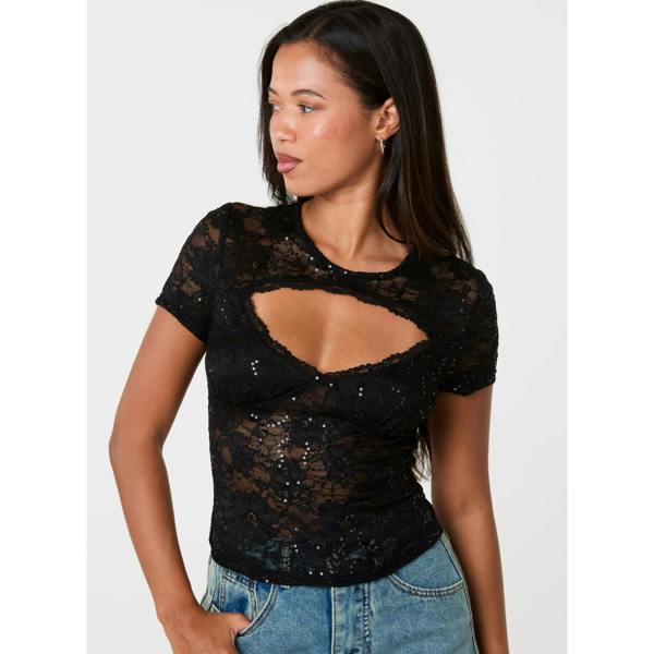 Pink Vanilla Sequin Lace Cutout Tee
