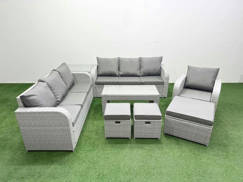 Fimous 10 Seater Wicker Patio Set, Garden Furniture, Coffee Table, 3 Seater Sofa, Reclining Chair, 3 Seater Sofa, 3 Stools and Side Table, Light Grey