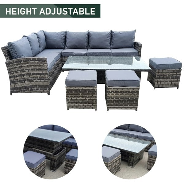 Furniture One 9 Seater Rattan Patio Dining Table Set with Table, Padded Corner Sofa, 3 Stool Outdoor Corner Sofa Set, All-Weather Patio Set