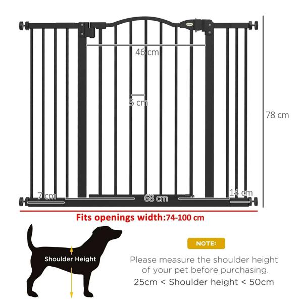 Adjustable black pet gate safety barrier frame with size markings for width