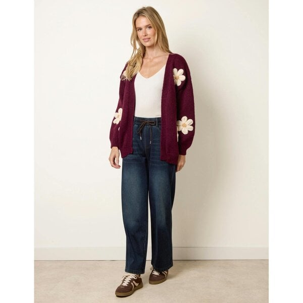 Blue Vanilla Daisy Large Flower Cardigan - Wine