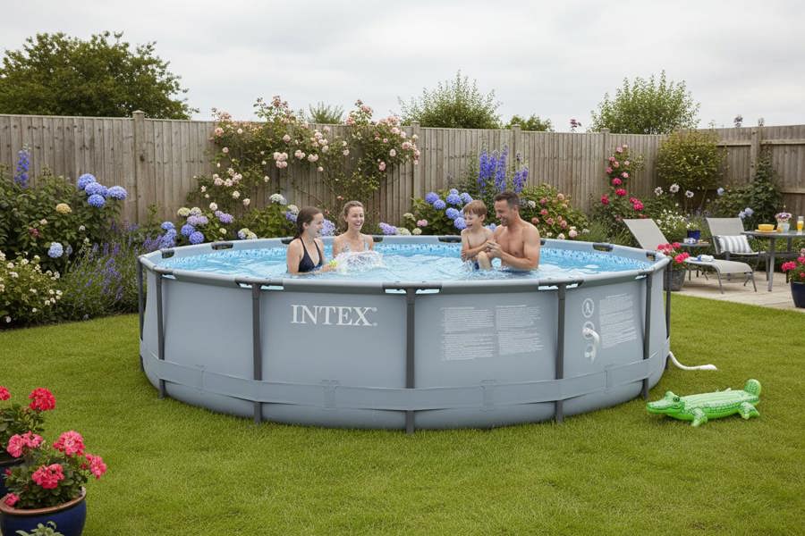 generate realistic product image of a intex round prism pool in a typical british garden with 4 people inside the people
