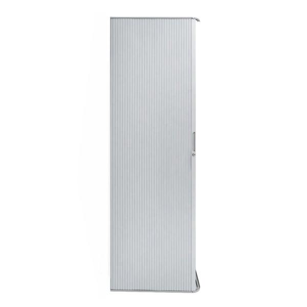 Silver Tambour shower door featuring a sleek, vertical ribbed design, crafted from durable materials for a modern bathroom aesthetic