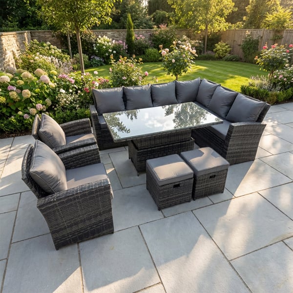 Fimous 10 Seater Rattan Garden Furniture Corner Sofa Set with Adjustable Lifting Dining or Coffee Table & 2 Footstools - Dark Grey