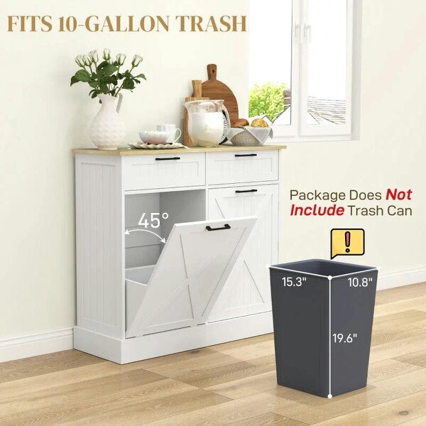 Sideboard with Tilt-out Trash Bin, Farmhouse Kitchen Sideboard with 2 Drawers, Adjustable Shelves, Door Racks, White