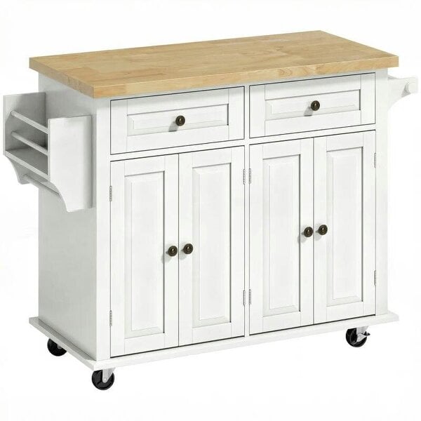 Kitchen Island on Wheels, Rolling Kitchen Storage Trolley with Rubber Wood Top, Drawers, Adjustable Shelves, Cream White
