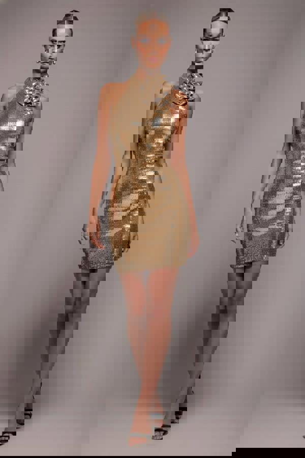Liquid Sequin Halterneck Mini With Corsage - Gold DR4125