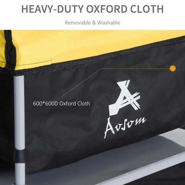 Removable oxford fabric trailer cover in black with yellow trim and brand logo