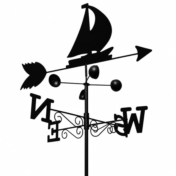 The Garden Marketplace Boat Steel Weathervane, Black Painted All-Steel Weather Vane With Wall Fixings and 1.7m Ground Spike, Wind Speed Cups