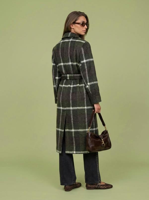 Urban Bliss Belted Check Coat Green Pattern