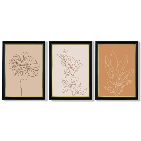 Set of 3 Minimalist Floral Beige Terracotta Framed Art Prints with Vermeer Black and Gold Frames