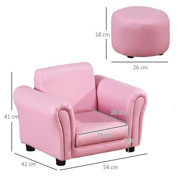 Pink armchair with curved arms and seat, plus round footstool; shown with size lines.