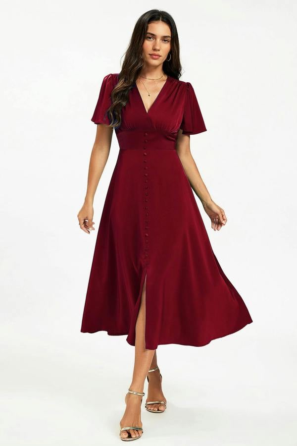 FS Collection Satin V neckline Button Detail Dress In Wine