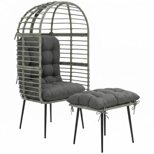 Garden Egg Chair with Footstool, Rattan Indoor Outdoor Lounge Chair and Ottoman Set with Thick Cushions, Light Grey