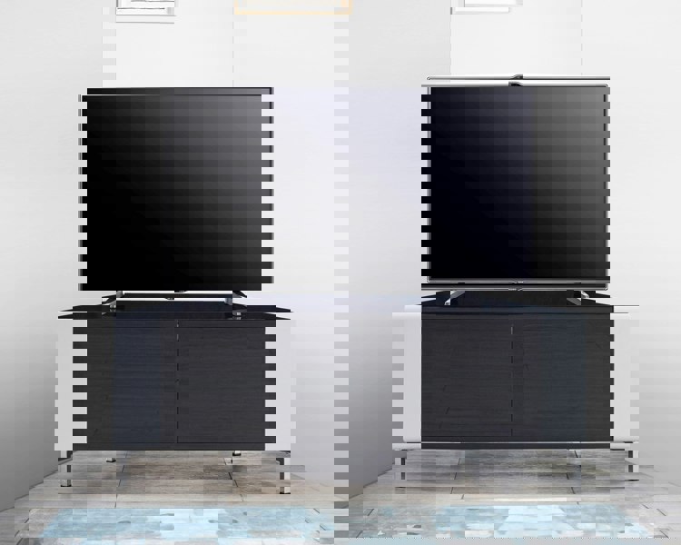 MDA Designs CORVUS Corner-Friendly Gloss Black Contemporary Cabinet with White Profiles Black BeamThru Glass Doors for Flat Screen TVs up to 50"