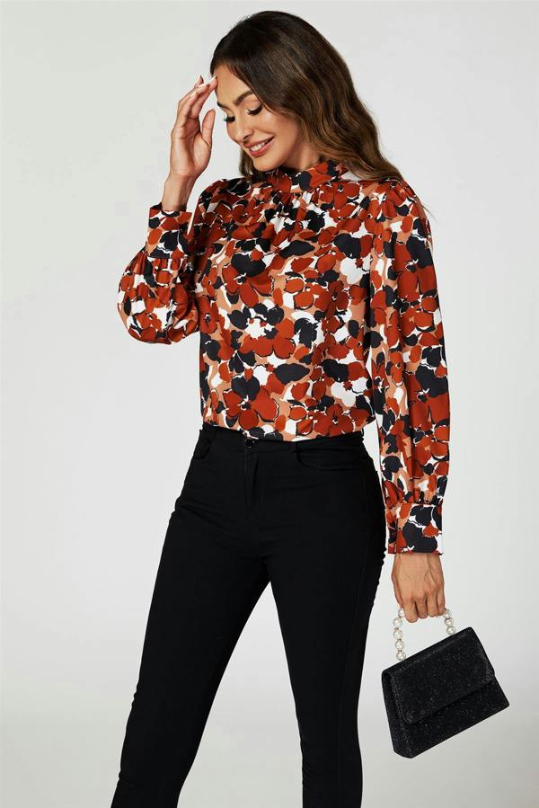 FS Collection Floral Print Long Sleeve High Neck Top In Rust