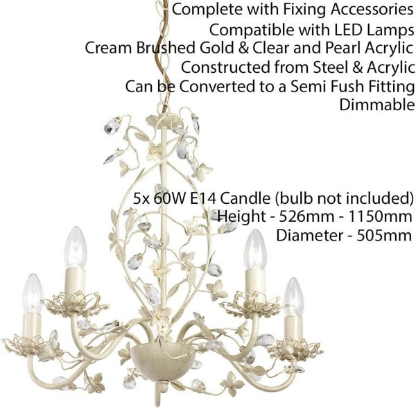 Hanging Flush Ceiling Pendant 5 Light CREAM GOLD Chandelier Lamp Bulb Holder Loops