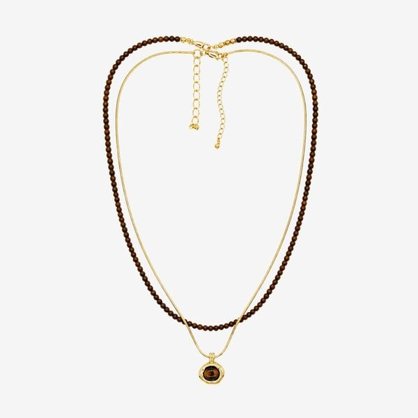 Uchi & Soto Nekomeishi Tiger's Eye Beads and Gold chain Pendant