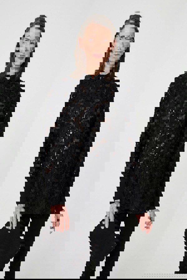 Black | Floral Sequin Lace Long Sleeve Shirt
