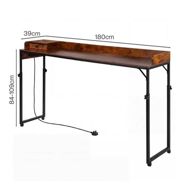 Levede Overbed Table 180cm 84-109cm Mobile with Charging Station Bedroom Brown