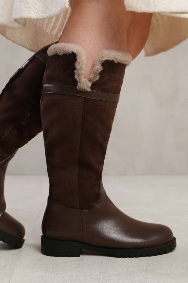 Where's That From Kendra Wide Calf Knee High Boots With Fur Trim and Lining in Wide E Fit in Dark Brown Suede and Faux Leather