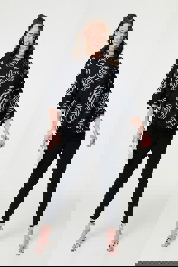 Black | Abstract Print Frill Hem Tunic Top