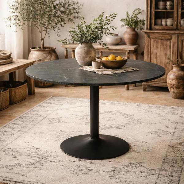 Wyld Haus Aars Round Black Marble Effect Dining Table Trumpet Base