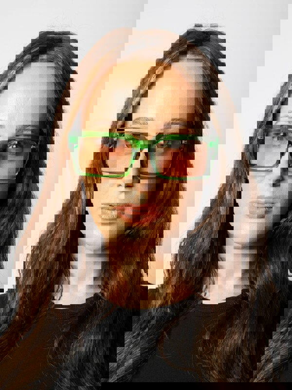 SVNX Square Frame Sunglasses in Translucent Green with Pink Lenses