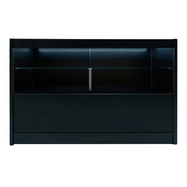 Sleek black Selene LED shop counter set with illuminated display shelf and spacious storage, perfect for retail environments