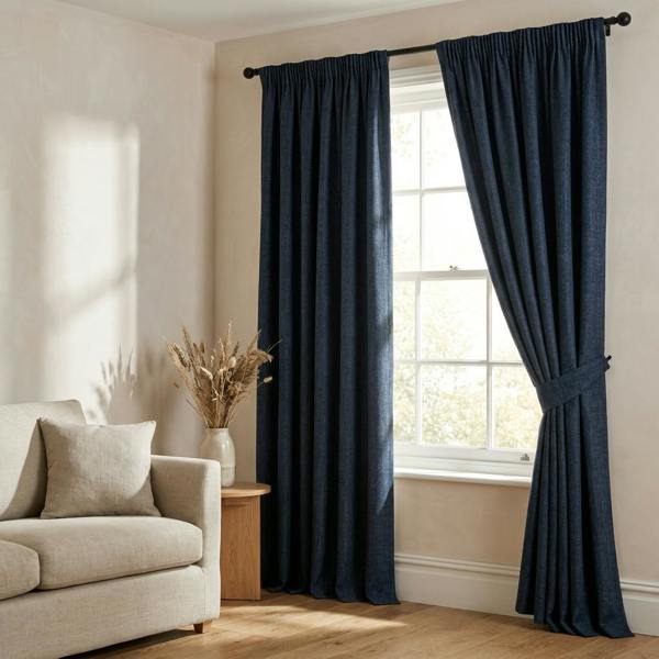 Hopsack made-to-measure curtains in Sapphire, styled in a living room