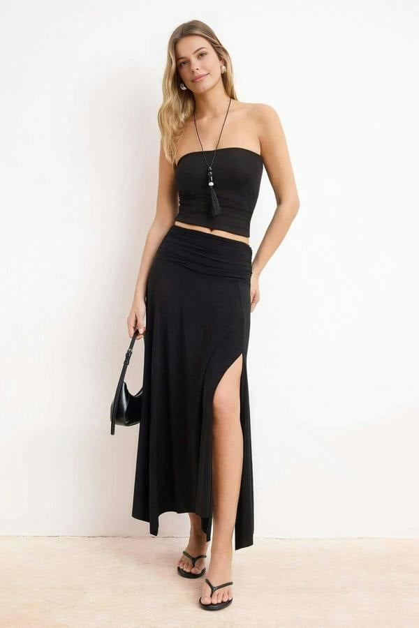 WOVCOR Waist Detail Slit Stretch Knit Maxi Skirt