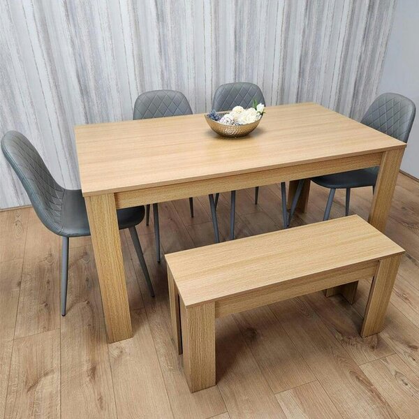 KOSY KOALA 6 Seater Modern Light Wood Dining Table Set with 4 Grey Gem Pattern Chairs and Bench  H75 x L140 x W80 cm
