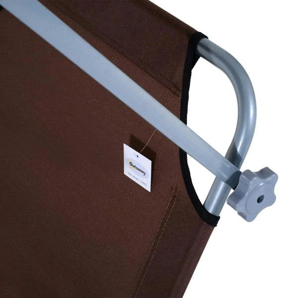 Close-up of brown fabric and silver metal support on a foldable sun lounger