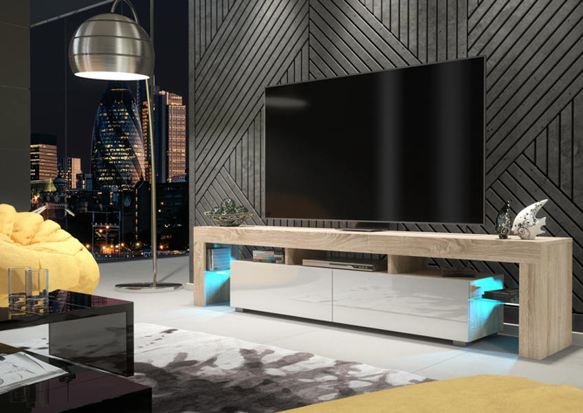 Mex Furniture Sleek 200cm Modern TV Unit  Cabinet Stand Oak High Gloss White Doors & Free LED Lights