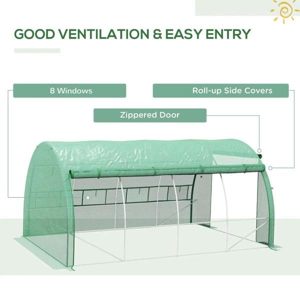 Green greenhouse tent featuring 8 window panels, roll-up side covers and zippered door