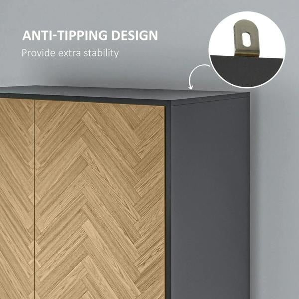 Anti-tipping top strap on a wood-grain and black wardrobe cabinet