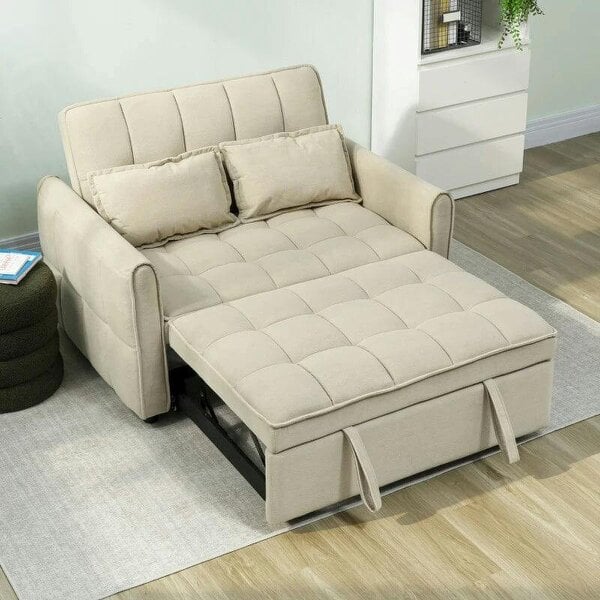 2 Seater Sofa Bed, 3-in-1 Convertible Sleeper Sofa with Click-clack Adjustable Backrest and 2 Pillows, Light Brown