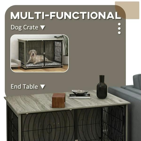 Multi-functional grey dog crate end table with black wire doors and plush cushion