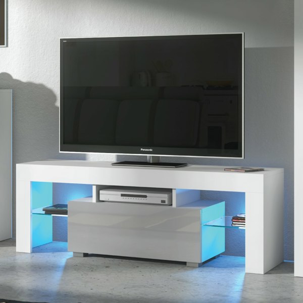 Mex Furniture 130cm TV Unit Cabinet with Grey High Gloss Doors, Free LED and Storage