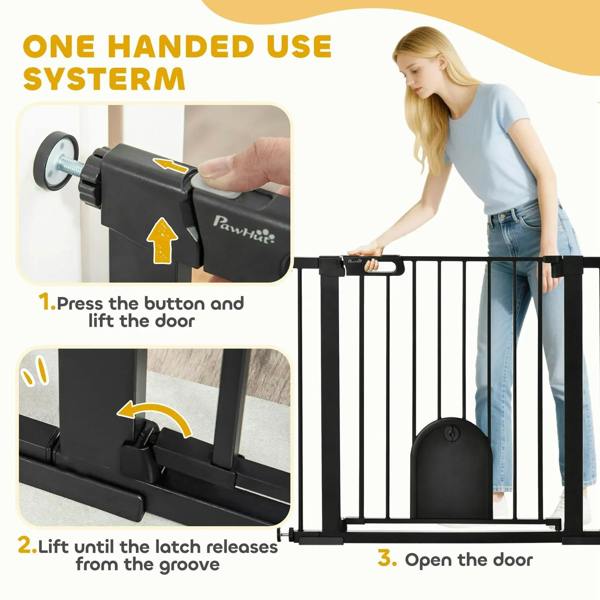 Black pet gate latch with one-handed press and lift action for opening