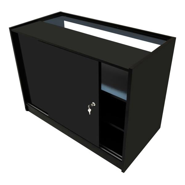 Polaris LED Shop Counter Set in sleek black, featuring a sliding door, open shelving, and a smooth, glossy finish for modern retail spaces