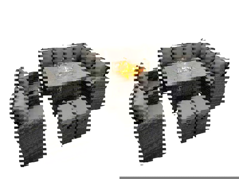 Fimous Outdoor Furniture Garden Dining Set Rattan Corner Sofa Chair Set Gas Fire Pit Table with Temper Glass 2 Small Footstools Dark Grey Mixed