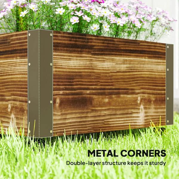 Carbonised wooden raised bed panel with metal corner brackets and support plate