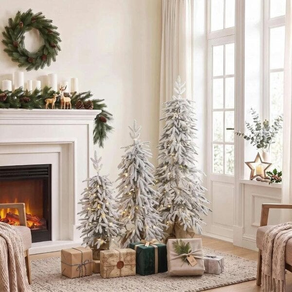 Bobobiy Prelit Flocked Artificial Christmas Tree Set of 3 Snowy Xmas Tree Warm White LED Lights (3FT+4FT+5FT) - Green and White