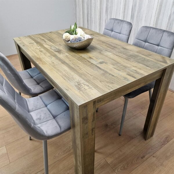 Kosy Koala Dining Table and 4 Chairs Rustic Effect Wood Table 4 Grey Velvet Chairs Dining Room